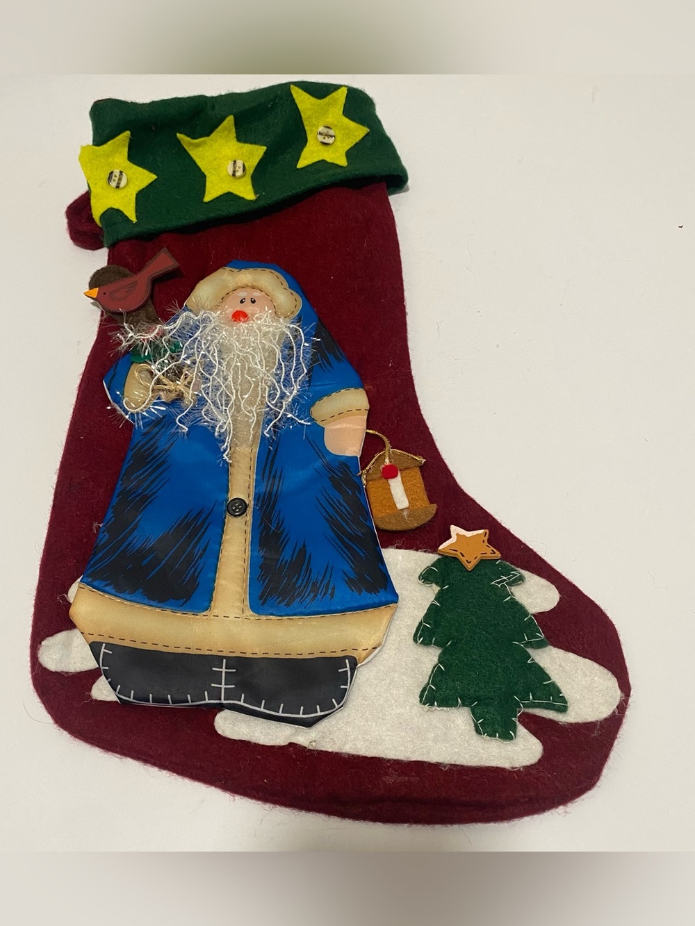 Vintage 18" Felt Christmas Stocking Blue Old World Santa Cardinal Lantern Tree